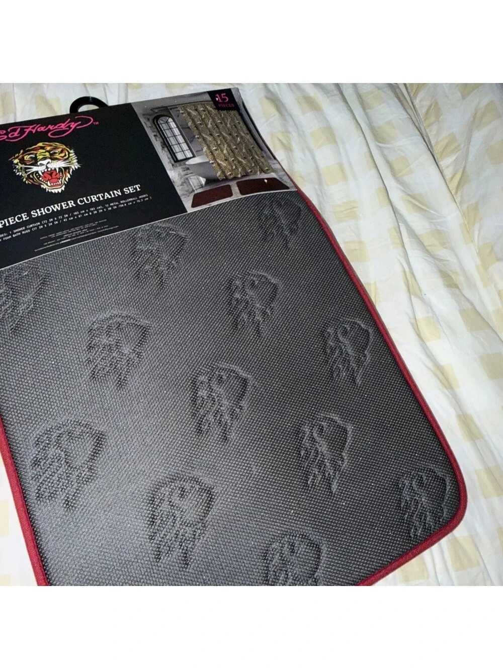 Ed Hardy Leopard Print & Tiger Shower Curtain With Red Memory Foam Rugs Set New